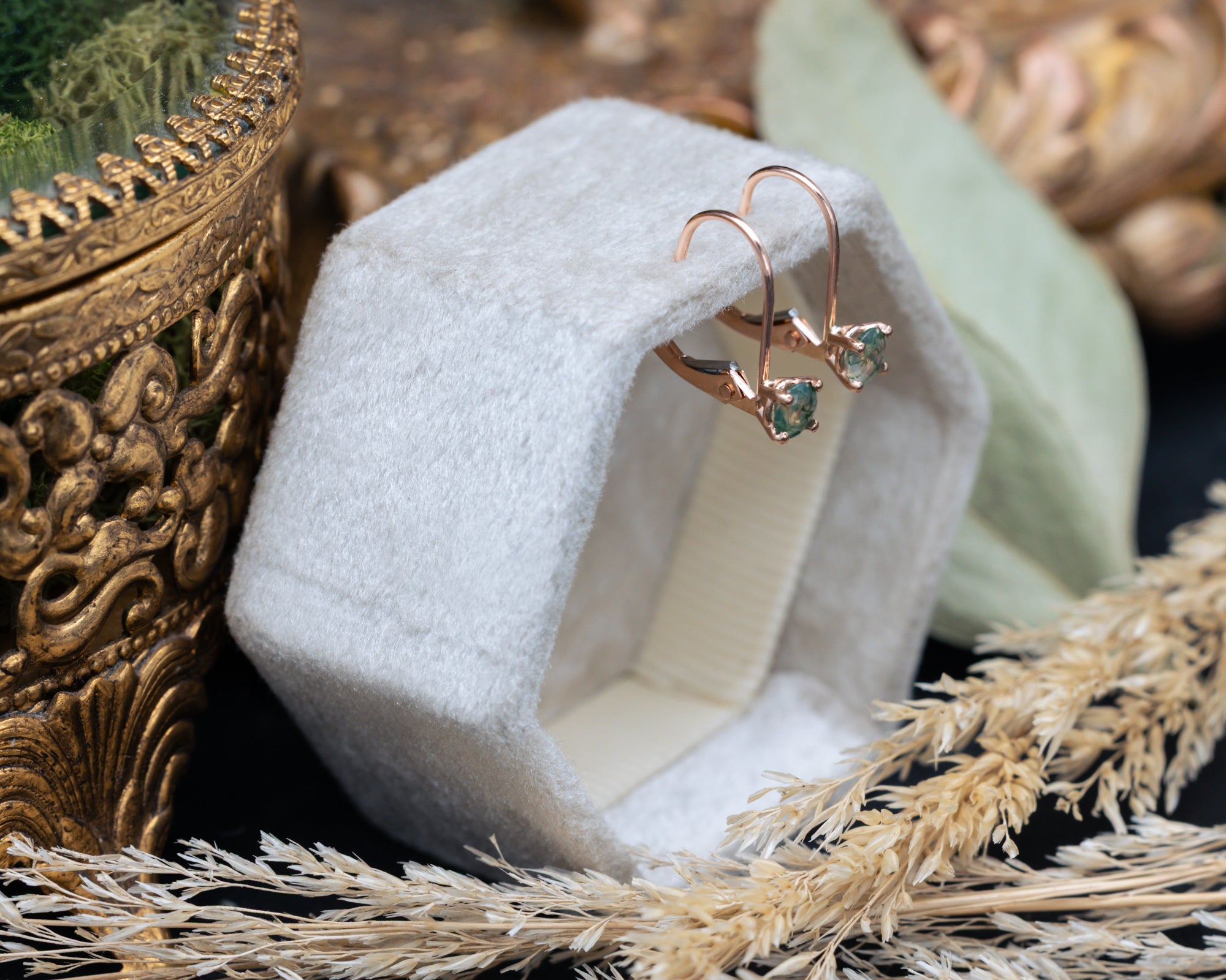 Lever Back Moss Agate Earrings In 14K Gold-Staghead Designs