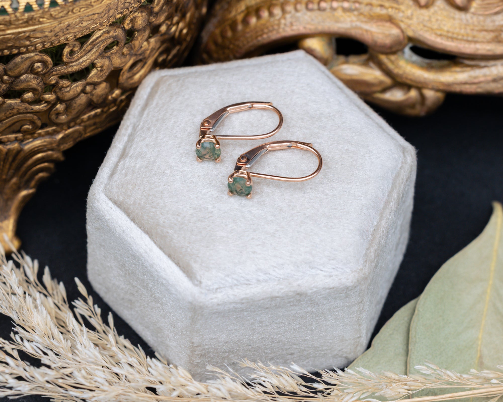 Lever Back Moss Agate Earrings In 14K Gold-Staghead Designs