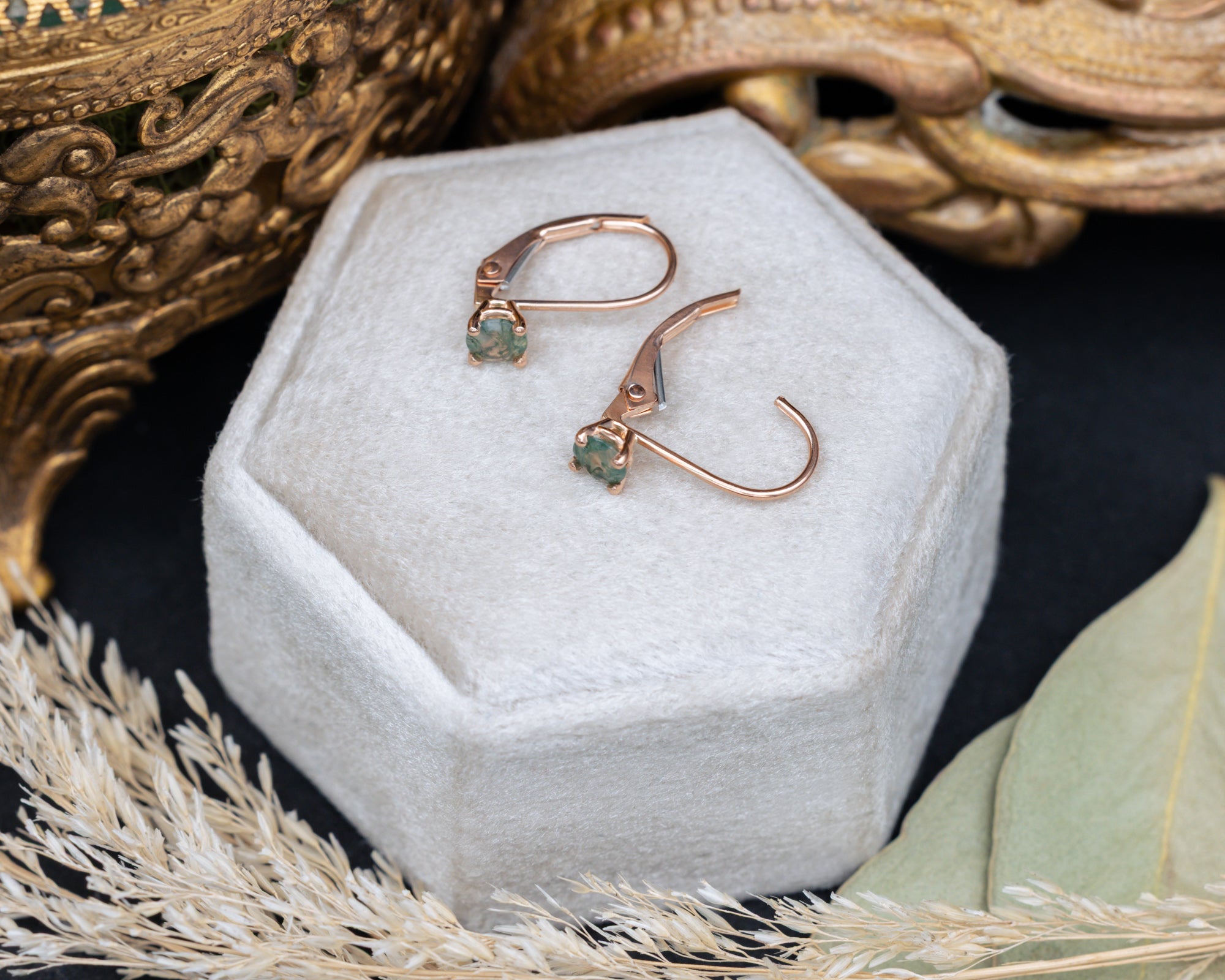 Lever Back Moss Agate Earrings In 14K Gold-Staghead Designs