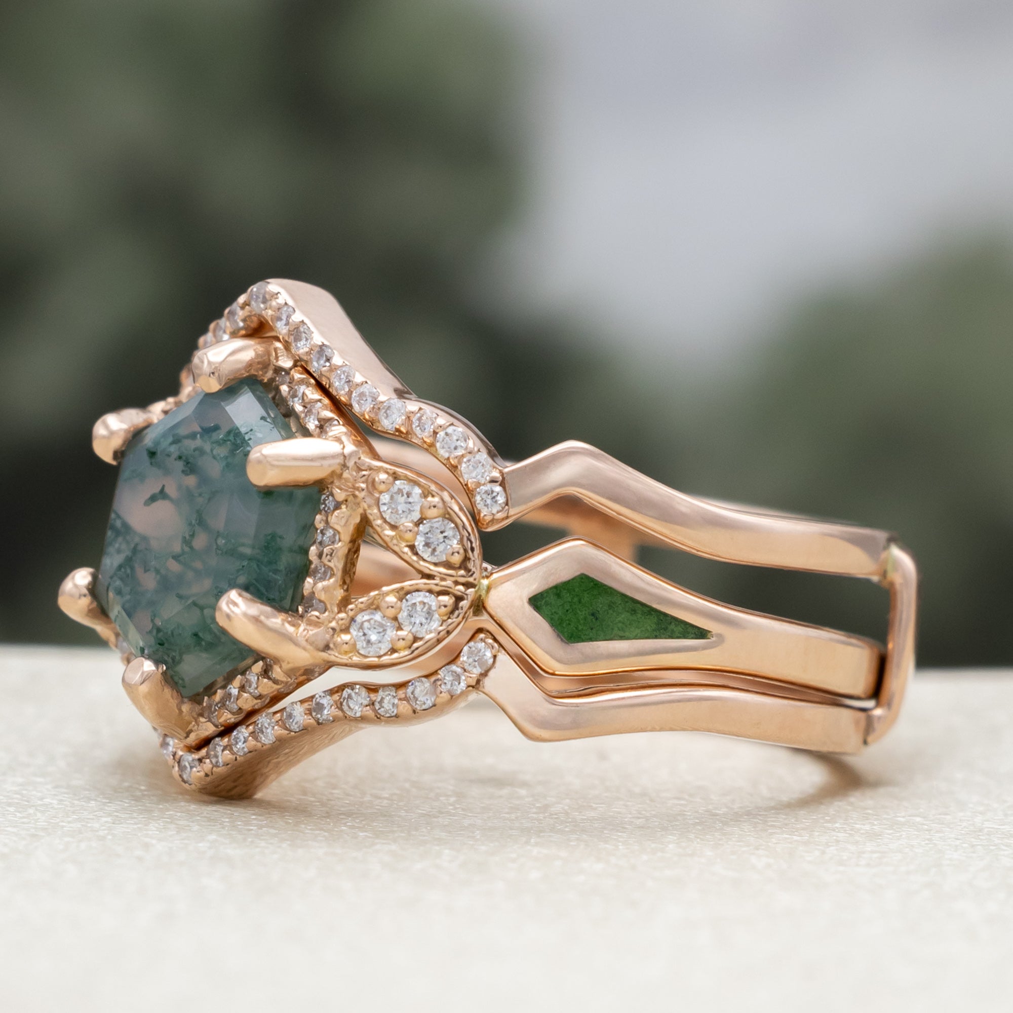 "LUCY IN THE SKY" - HEXAGON CUT MOSS AGATE ENGAGEMENT RING WITH DIAMOND ACCENTS, MOSS INLAYS & DIAMOND RING GUARD OR TRACER-Staghead Designs