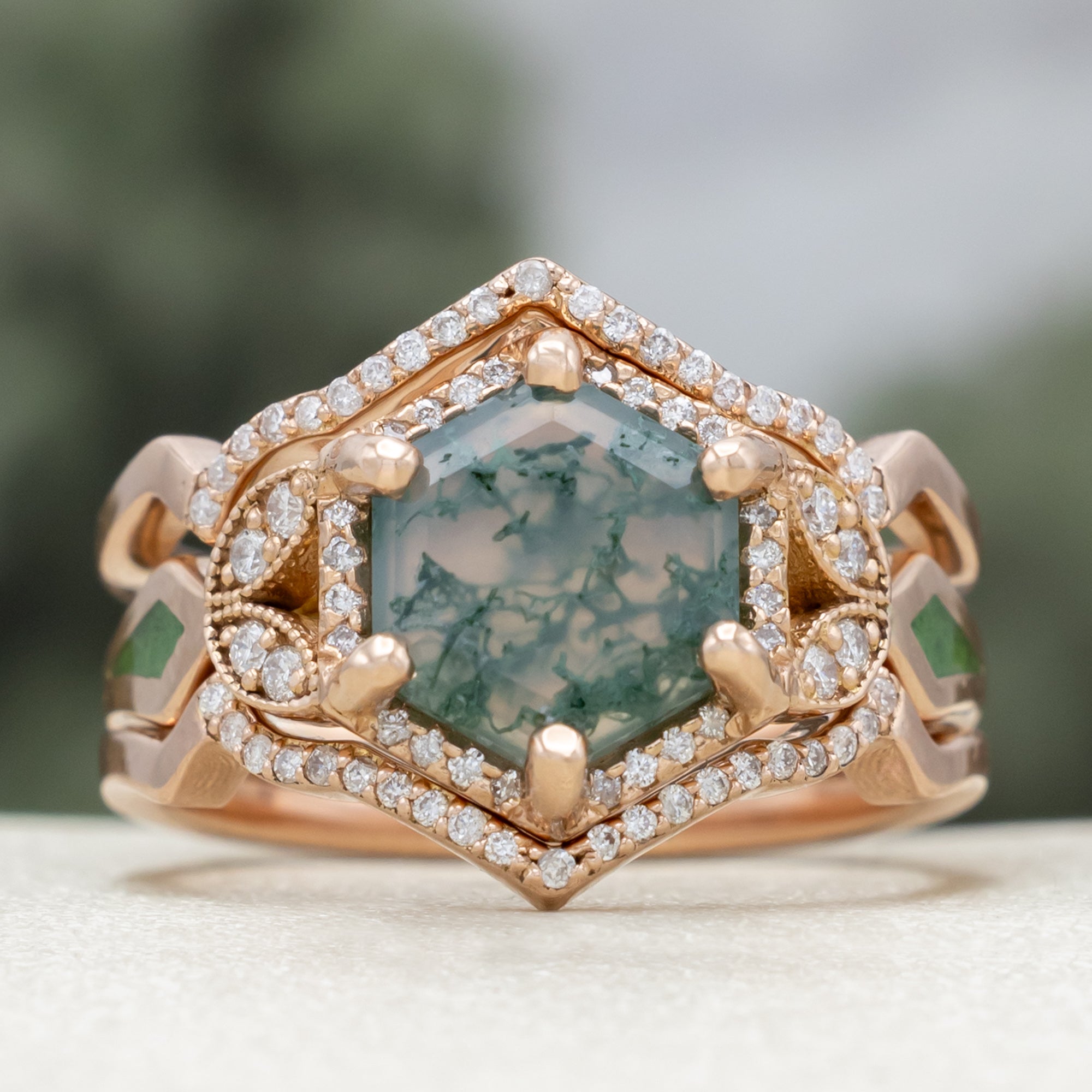 "LUCY IN THE SKY" - HEXAGON CUT MOSS AGATE ENGAGEMENT RING WITH DIAMOND ACCENTS, MOSS INLAYS & DIAMOND RING GUARD OR TRACER-Staghead Designs