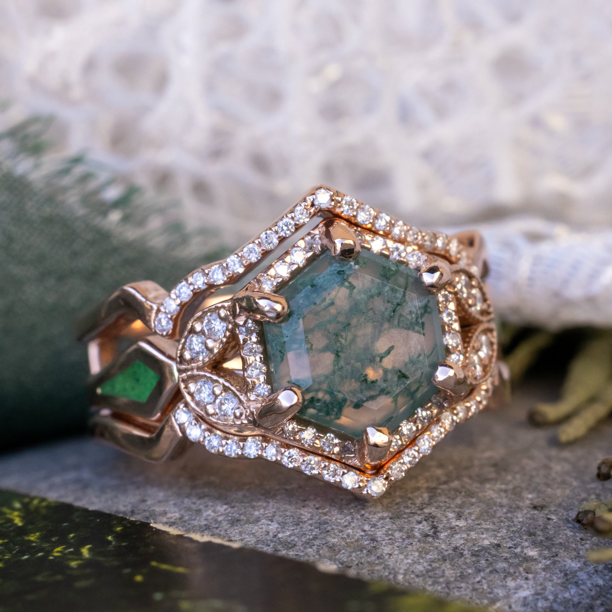 "LUCY IN THE SKY" - HEXAGON CUT MOSS AGATE ENGAGEMENT RING WITH DIAMOND ACCENTS, MOSS INLAYS & DIAMOND RING GUARD OR TRACER-Staghead Designs