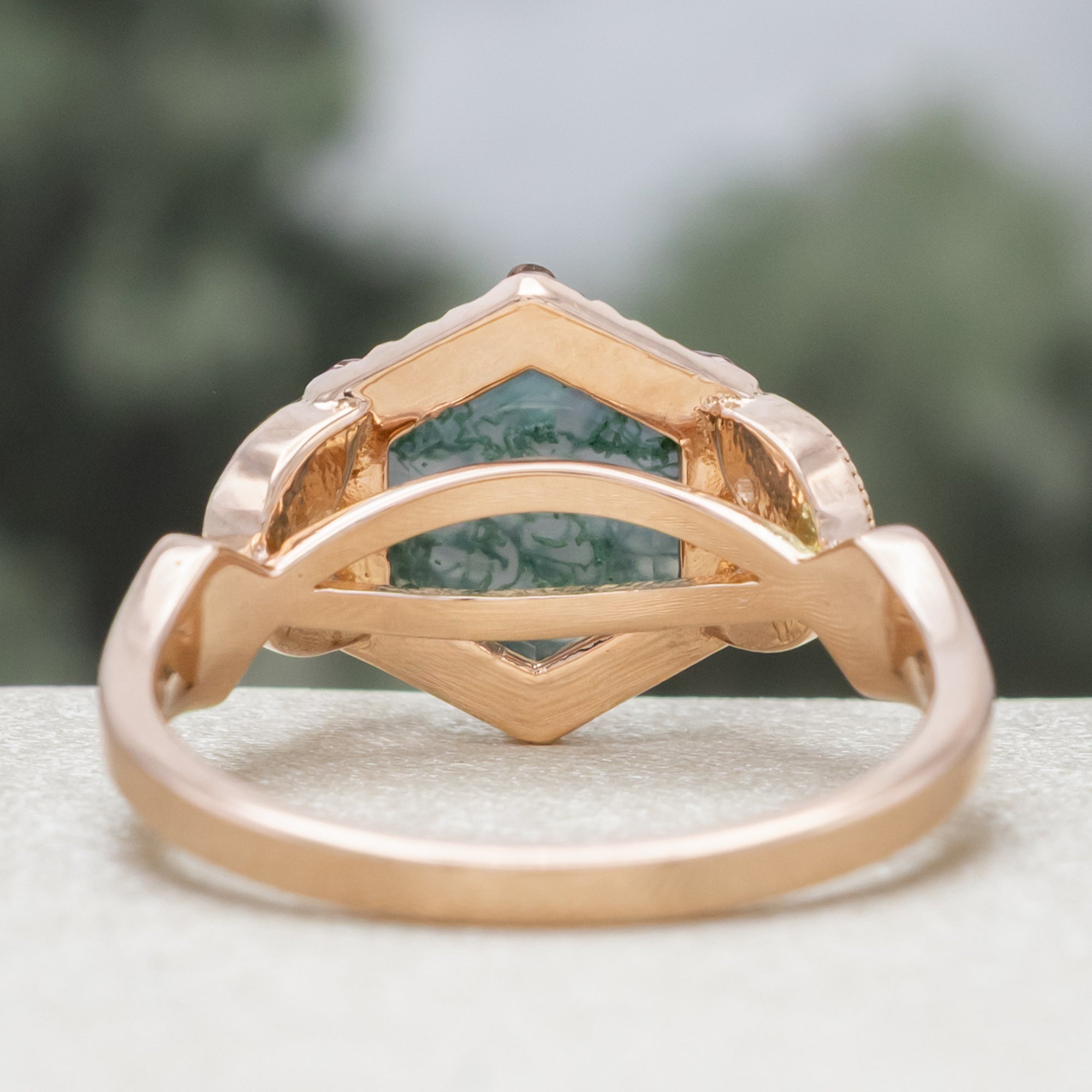 "LUCY IN THE SKY" - HEXAGON CUT MOSS AGATE ENGAGEMENT RING WITH DIAMOND ACCENTS, MOSS INLAYS & DIAMOND RING GUARD OR TRACER-Staghead Designs