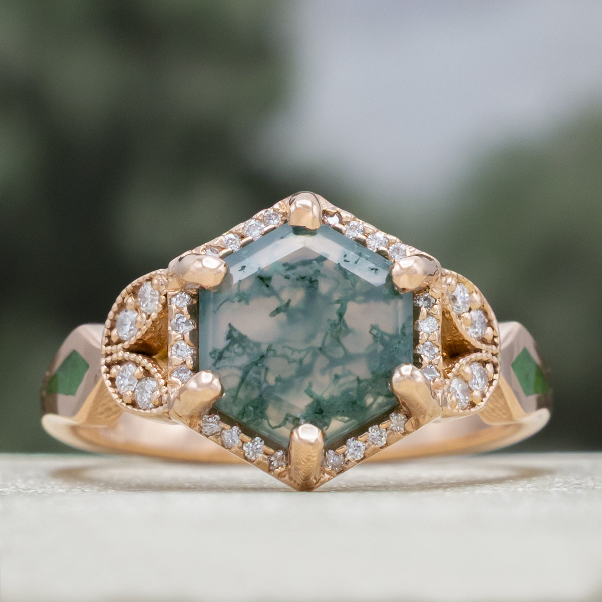 "LUCY IN THE SKY" - HEXAGON CUT MOSS AGATE ENGAGEMENT RING WITH DIAMOND ACCENTS, MOSS INLAYS & DIAMOND RING GUARD OR TRACER-Staghead Designs
