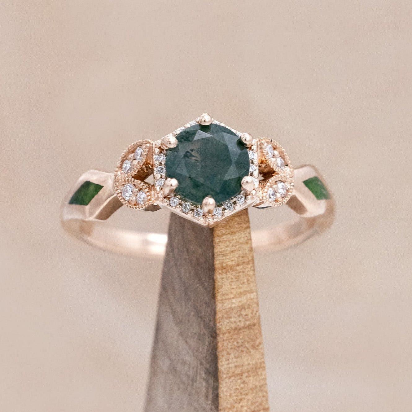 "LUCY IN THE SKY" PETITE - ROUND CUT MOSS AGATE ENGAGEMENT RING WITH DIAMOND HALO, CUSTOM INLAYS AND A DIAMOND TRACER-Staghead Designs