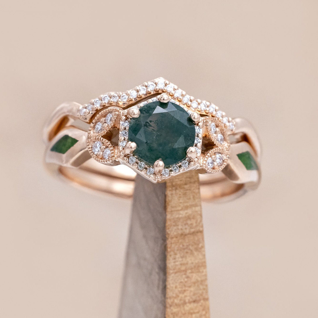 "LUCY IN THE SKY" PETITE - ROUND CUT MOSS AGATE ENGAGEMENT RING WITH DIAMOND HALO, CUSTOM INLAYS AND A DIAMOND TRACER-Staghead Designs