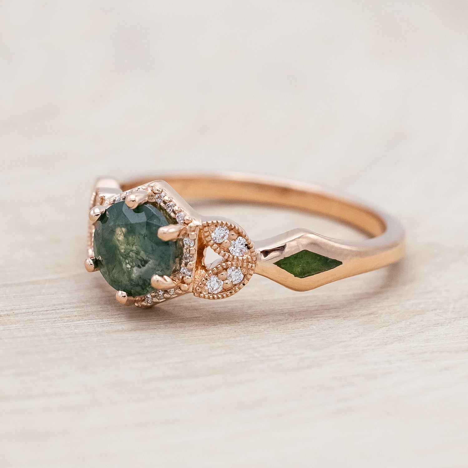 "LUCY IN THE SKY" PETITE - ROUND CUT MOSS AGATE ENGAGEMENT RING WITH DIAMOND HALO, CUSTOM INLAYS AND A DIAMOND TRACER-Staghead Designs