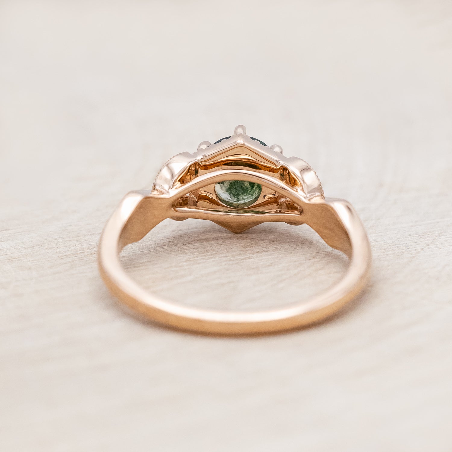 "LUCY IN THE SKY" PETITE - ROUND CUT MOSS AGATE ENGAGEMENT RING WITH DIAMOND HALO, CUSTOM INLAYS AND A DIAMOND TRACER-Staghead Designs