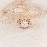 "LUCY IN THE SKY" - ROUND CUT MOISSANITE ENGAGEMENT RING WITH DIAMOND HALO, TURQUOISE INLAYS & DIAMOND TRACER