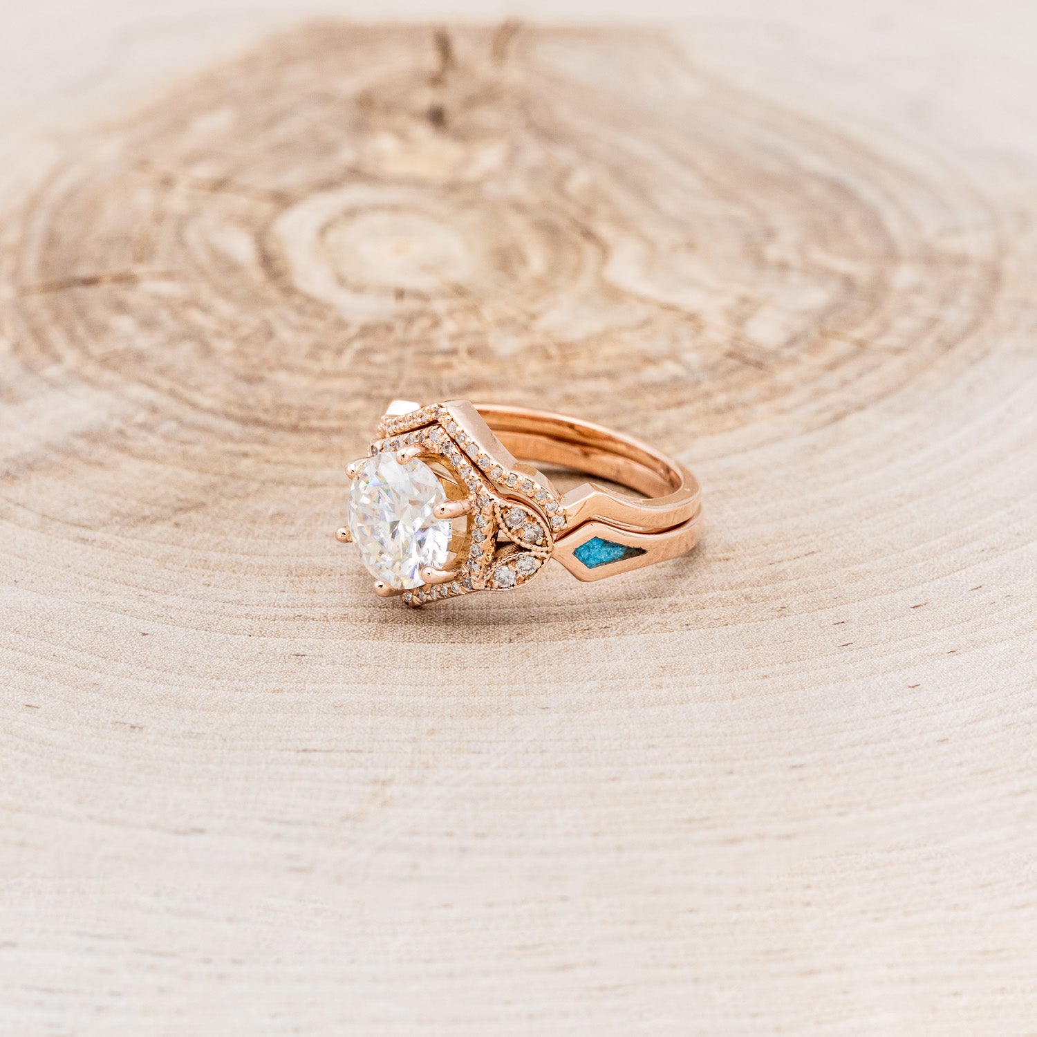 "LUCY IN THE SKY" - ROUND CUT MOISSANITE ENGAGEMENT RING WITH DIAMOND HALO, TURQUOISE INLAYS & DIAMOND TRACER-3