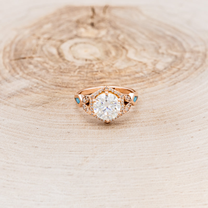 "LUCY IN THE SKY" - ROUND CUT MOISSANITE ENGAGEMENT RING WITH DIAMOND HALO, TURQUOISE INLAYS & DIAMOND TRACER-10