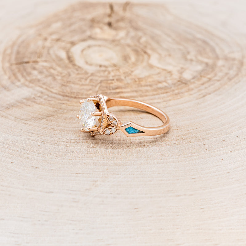 "LUCY IN THE SKY" - ROUND CUT MOISSANITE ENGAGEMENT RING WITH DIAMOND HALO, TURQUOISE INLAYS & DIAMOND TRACER-9