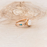 "LUCY IN THE SKY" - ROUND CUT MOISSANITE ENGAGEMENT RING WITH DIAMOND HALO, TURQUOISE INLAYS & DIAMOND TRACER