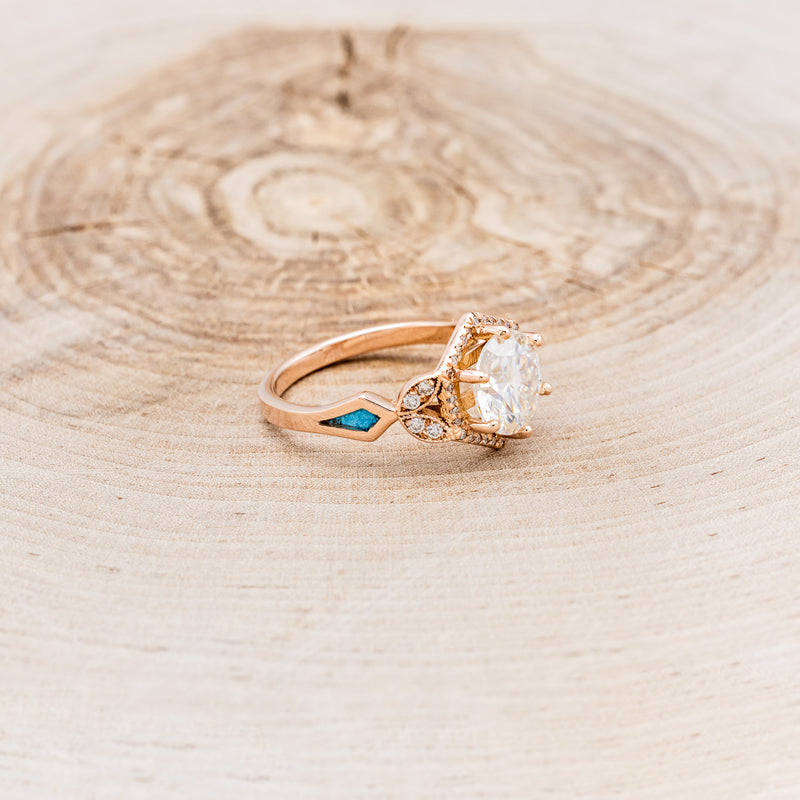 "LUCY IN THE SKY" - ROUND CUT MOISSANITE ENGAGEMENT RING WITH DIAMOND HALO, TURQUOISE INLAYS & DIAMOND TRACER