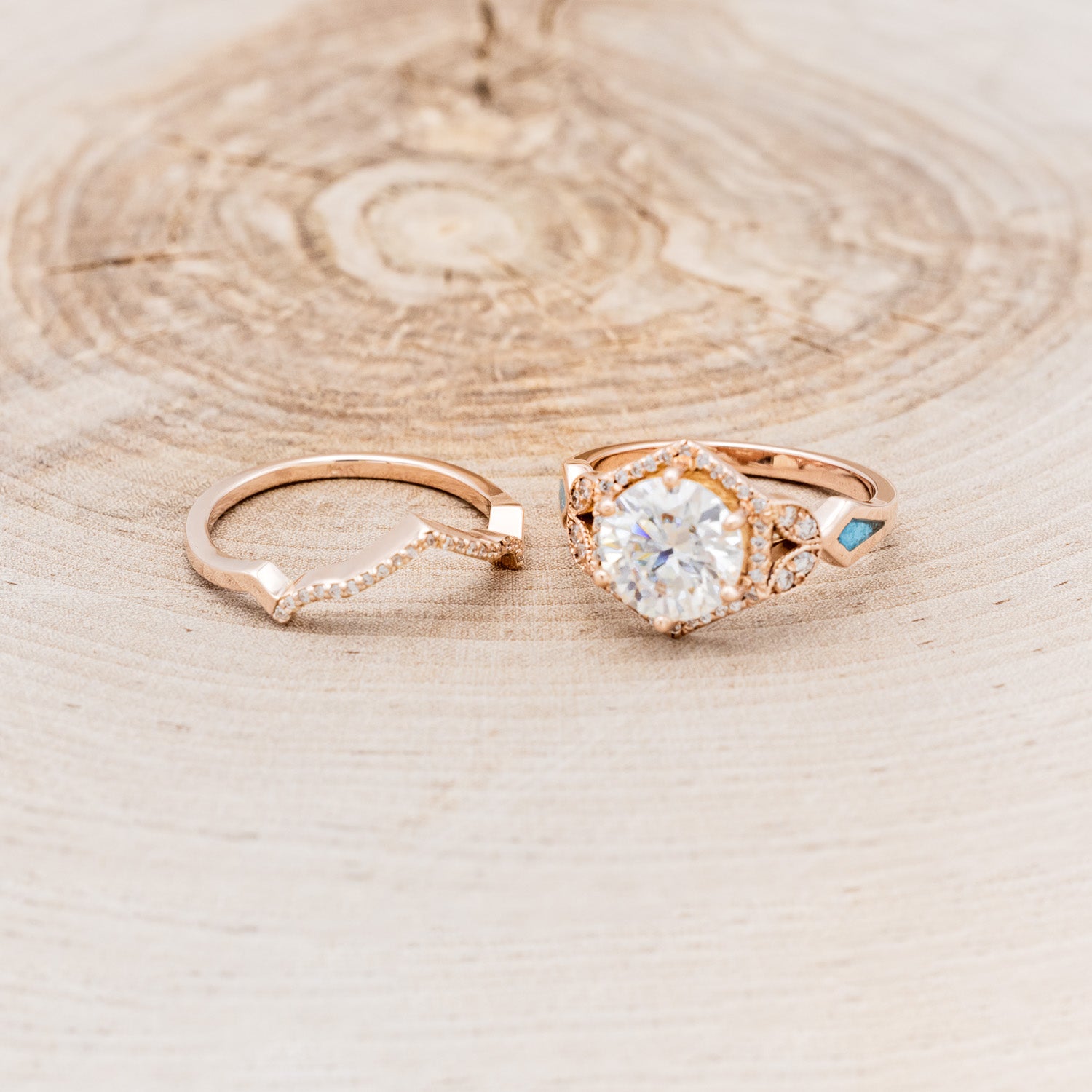 "LUCY IN THE SKY" - ROUND CUT MOISSANITE ENGAGEMENT RING WITH DIAMOND HALO, TURQUOISE INLAYS & DIAMOND TRACER-6