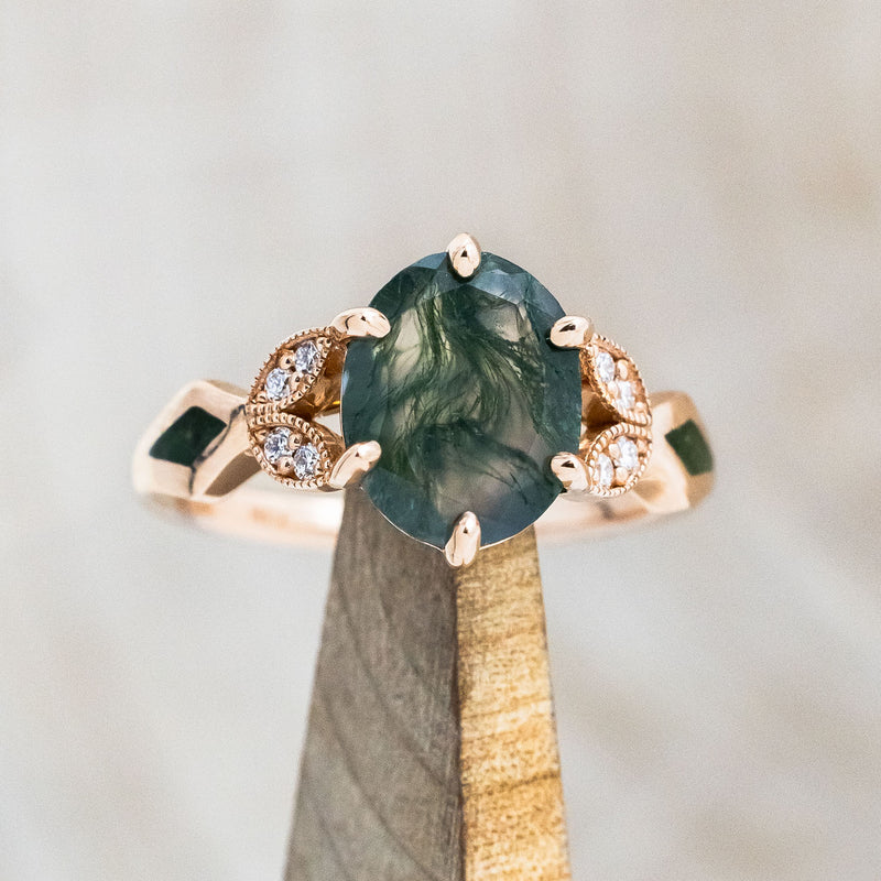 "LUCIA" - OVAL MOSS AGATE ENGAGEMENT RING WITH DIAMOND ACCENTS & MOSS INLAYS-1
