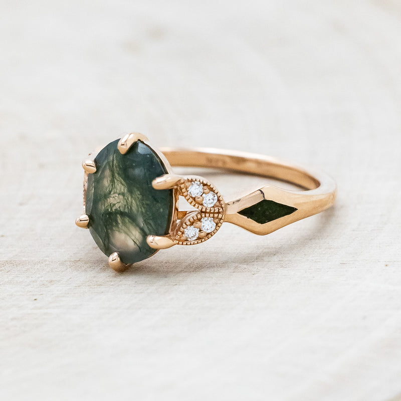 "LUCIA" - OVAL MOSS AGATE ENGAGEMENT RING WITH DIAMOND ACCENTS & MOSS INLAYS-3