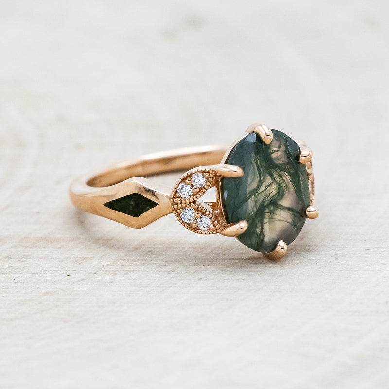 "LUCIA" - OVAL MOSS AGATE ENGAGEMENT RING WITH DIAMOND ACCENTS & MOSS INLAYS-2