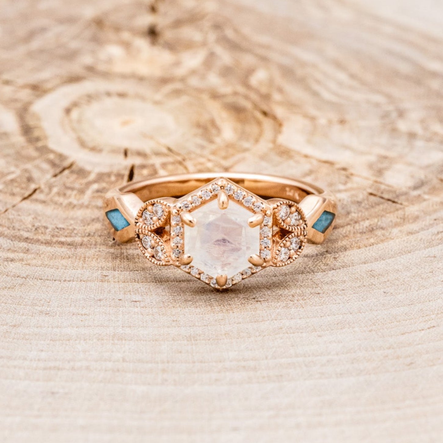 "LUCY IN THE SKY" PETITE - FACETED HEXAGON MOONSTONE ENGAGEMENT RING SET WITH DIAMOND ACCENTS & TURQUOISE INLAYS-4