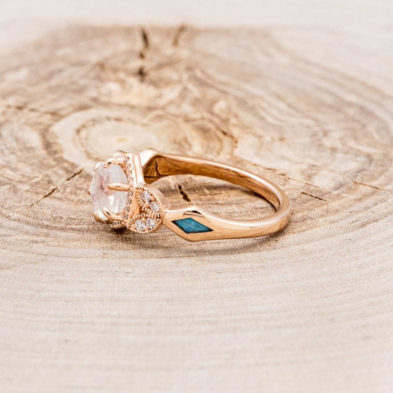 "LUCY IN THE SKY" PETITE - FACETED HEXAGON MOONSTONE ENGAGEMENT RING SET WITH DIAMOND ACCENTS & TURQUOISE INLAYS-3