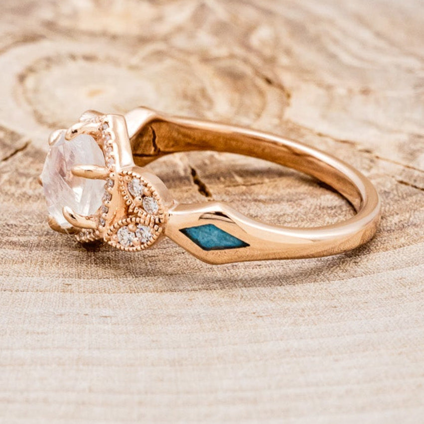 "LUCY IN THE SKY" PETITE - FACETED HEXAGON MOONSTONE ENGAGEMENT RING SET WITH DIAMOND ACCENTS & TURQUOISE INLAYS-3