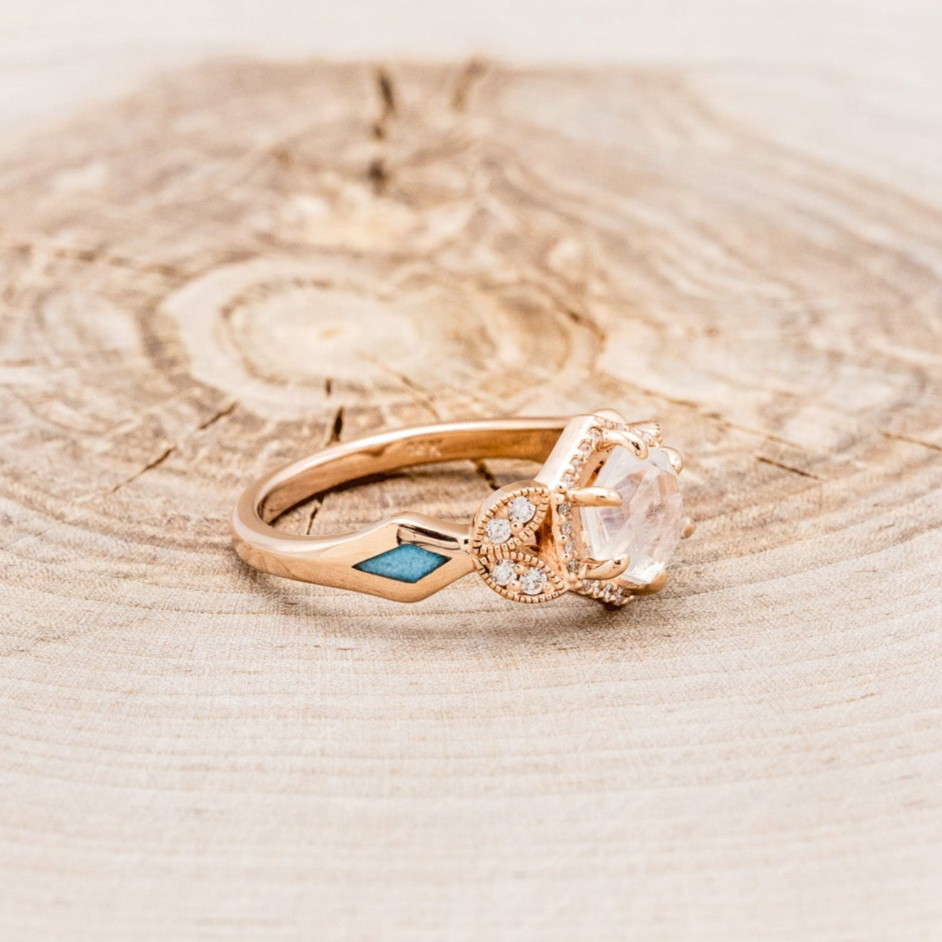 "LUCY IN THE SKY" PETITE - FACETED HEXAGON MOONSTONE ENGAGEMENT RING SET WITH DIAMOND ACCENTS & TURQUOISE INLAYS-2