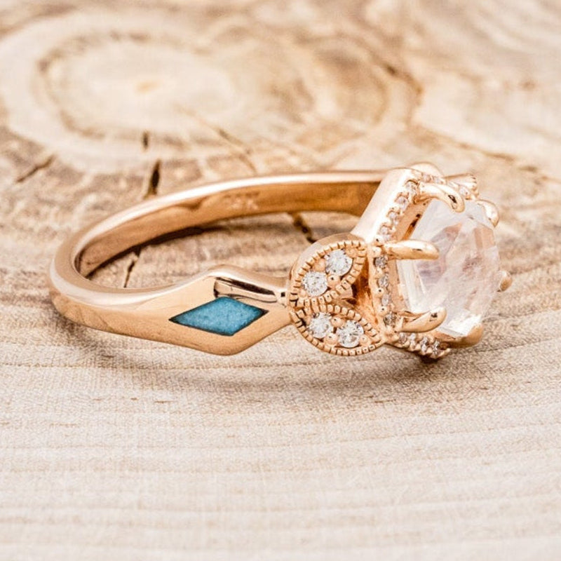 "LUCY IN THE SKY" PETITE - FACETED HEXAGON MOONSTONE ENGAGEMENT RING SET WITH DIAMOND ACCENTS & TURQUOISE INLAYS-2