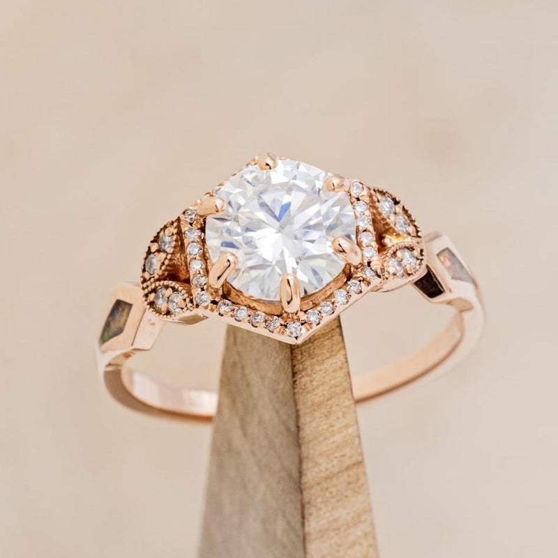 "LUCY IN THE SKY" - ROUND CUT MOISSANITE ENGAGEMENT RING WITH DIAMOND ACCENTS & FIRE AND ICE OPAL INLAYS-13