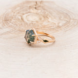 "LUCY IN THE SKY" - HEXAGON MOSS AGATE ENGAGEMENT RING WITH DIAMOND HALO & MOSS INLAYS - 3