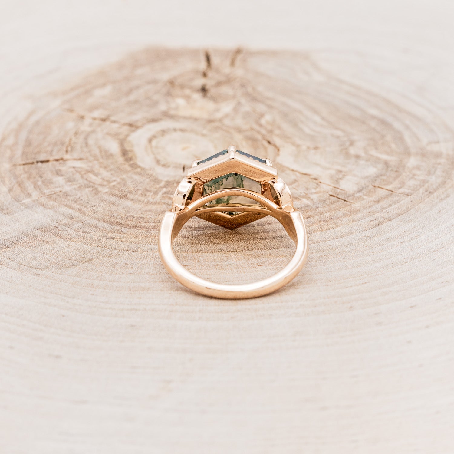 "LUCY IN THE SKY" - HEXAGON MOSS AGATE ENGAGEMENT RING WITH DIAMOND HALO & MOSS INLAYS-5