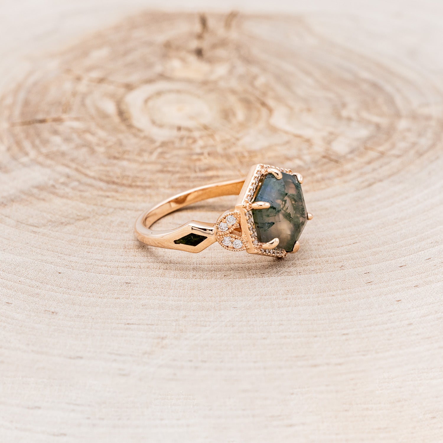 "LUCY IN THE SKY" - HEXAGON MOSS AGATE ENGAGEMENT RING WITH DIAMOND HALO & MOSS INLAYS-2