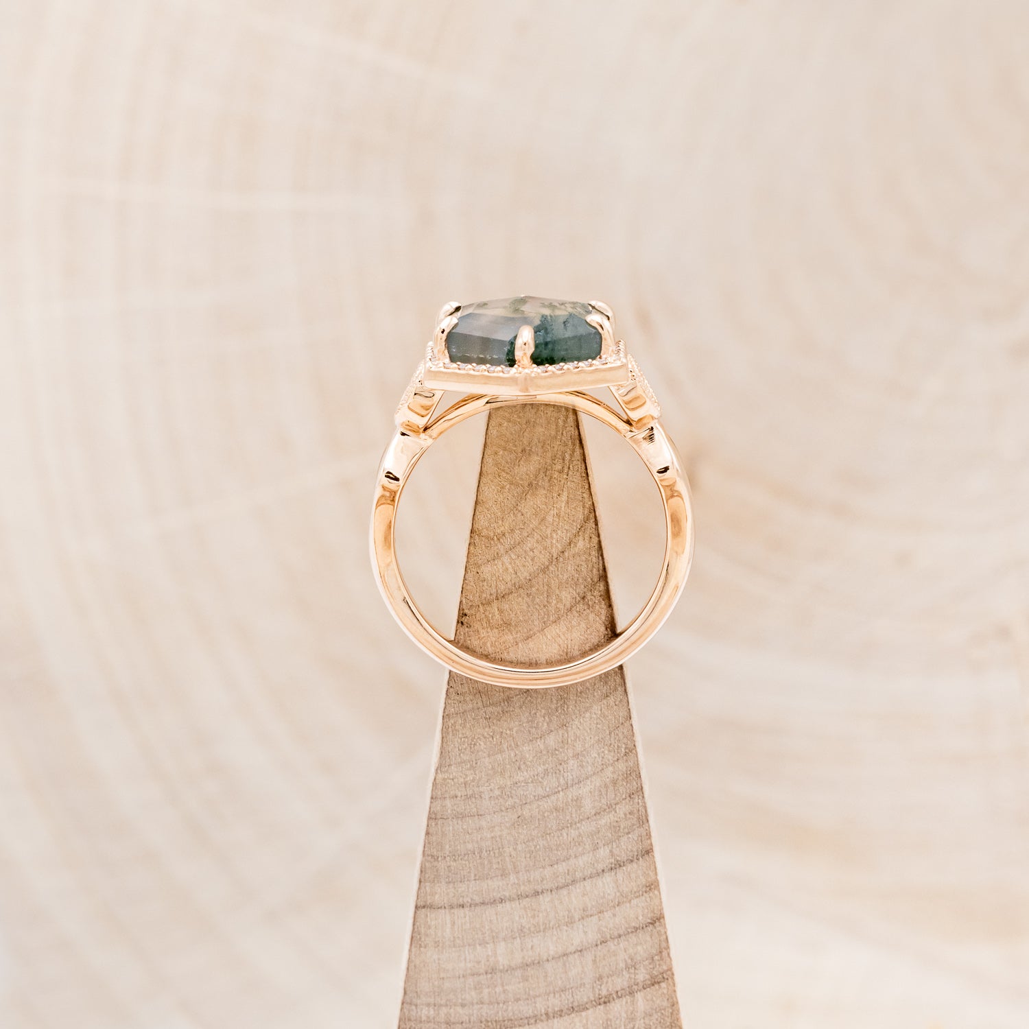 "LUCY IN THE SKY" - HEXAGON MOSS AGATE ENGAGEMENT RING WITH DIAMOND HALO & MOSS INLAYS-6