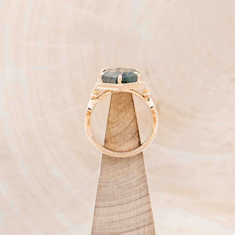 "LUCY IN THE SKY" - HEXAGON MOSS AGATE ENGAGEMENT RING WITH DIAMOND HALO & MOSS INLAYS - 6