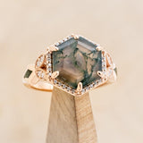 "LUCY IN THE SKY" - HEXAGON MOSS AGATE ENGAGEMENT RING WITH DIAMOND HALO & MOSS INLAYS - 1