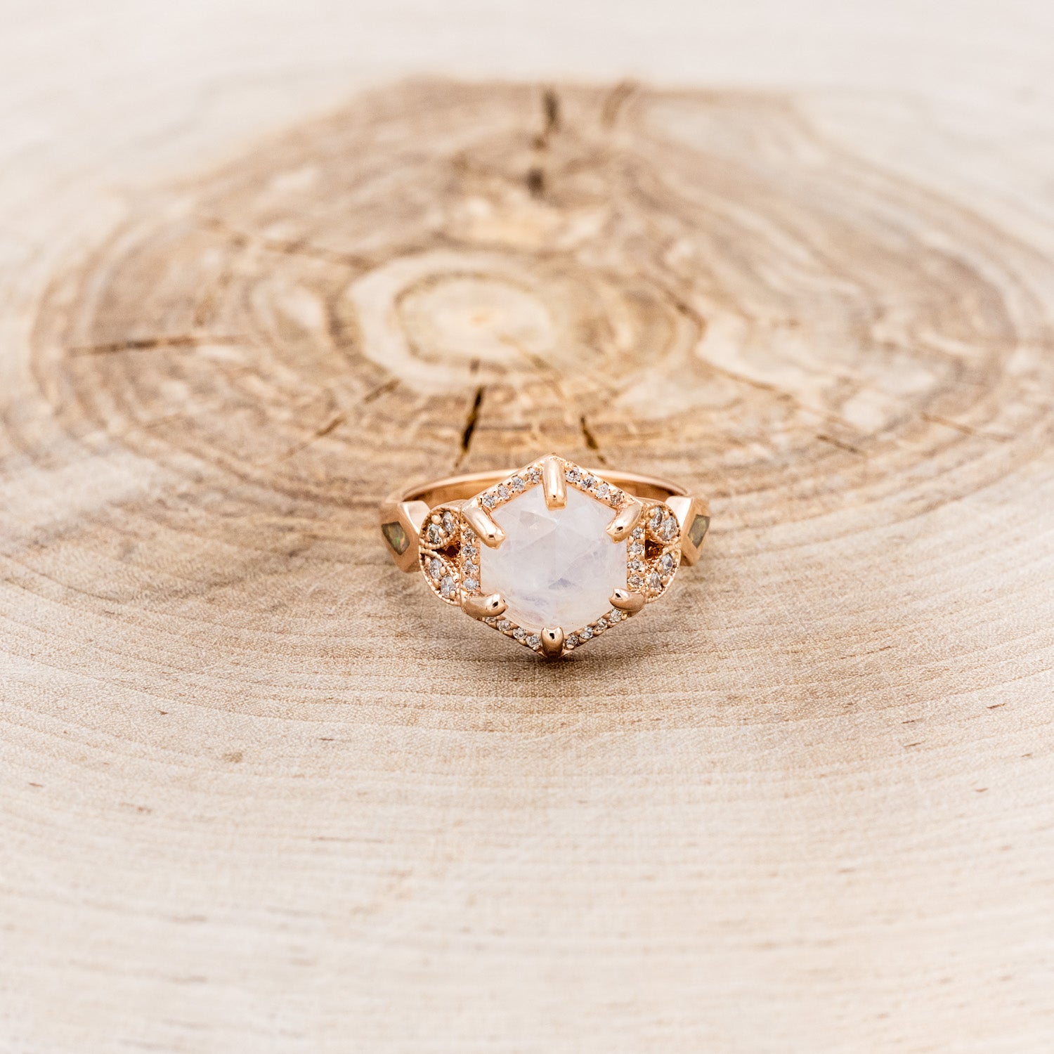 MATCHING SET OF "LUCY IN THE SKY" FACETED HEXAGON MOONSTONE & "DYAD" ANTLER INLAY WEDDING RINGS-5