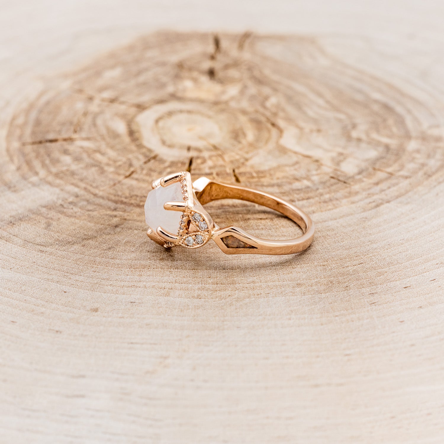 MATCHING SET OF "LUCY IN THE SKY" FACETED HEXAGON MOONSTONE & "DYAD" ANTLER INLAY WEDDING RINGS-4