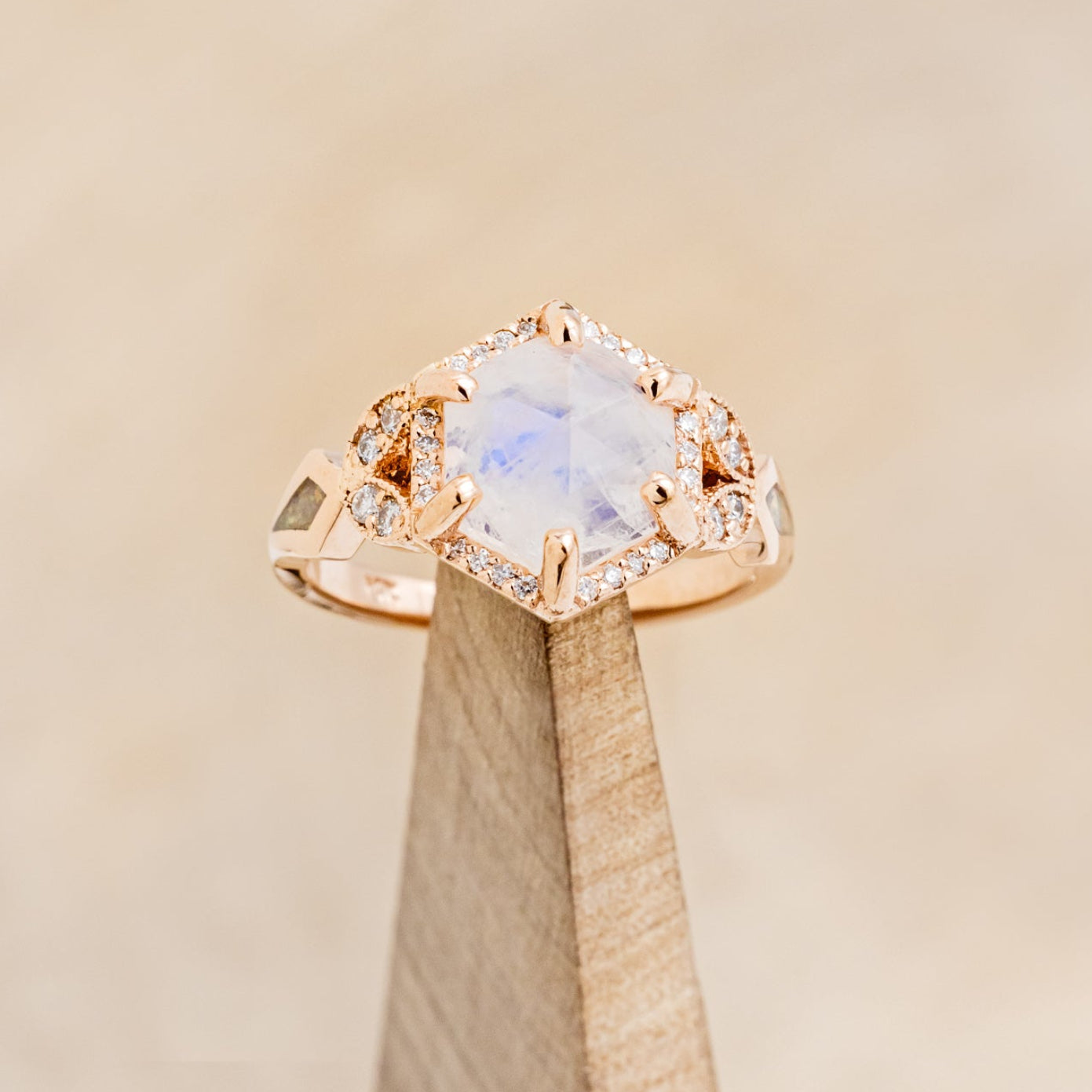 "LUCY IN THE SKY" - FACETED HEXAGON MOONSTONE ENGAGEMENT RING WITH DIAMOND HALO & FIRE AND ICE OPAL INLAYS-7