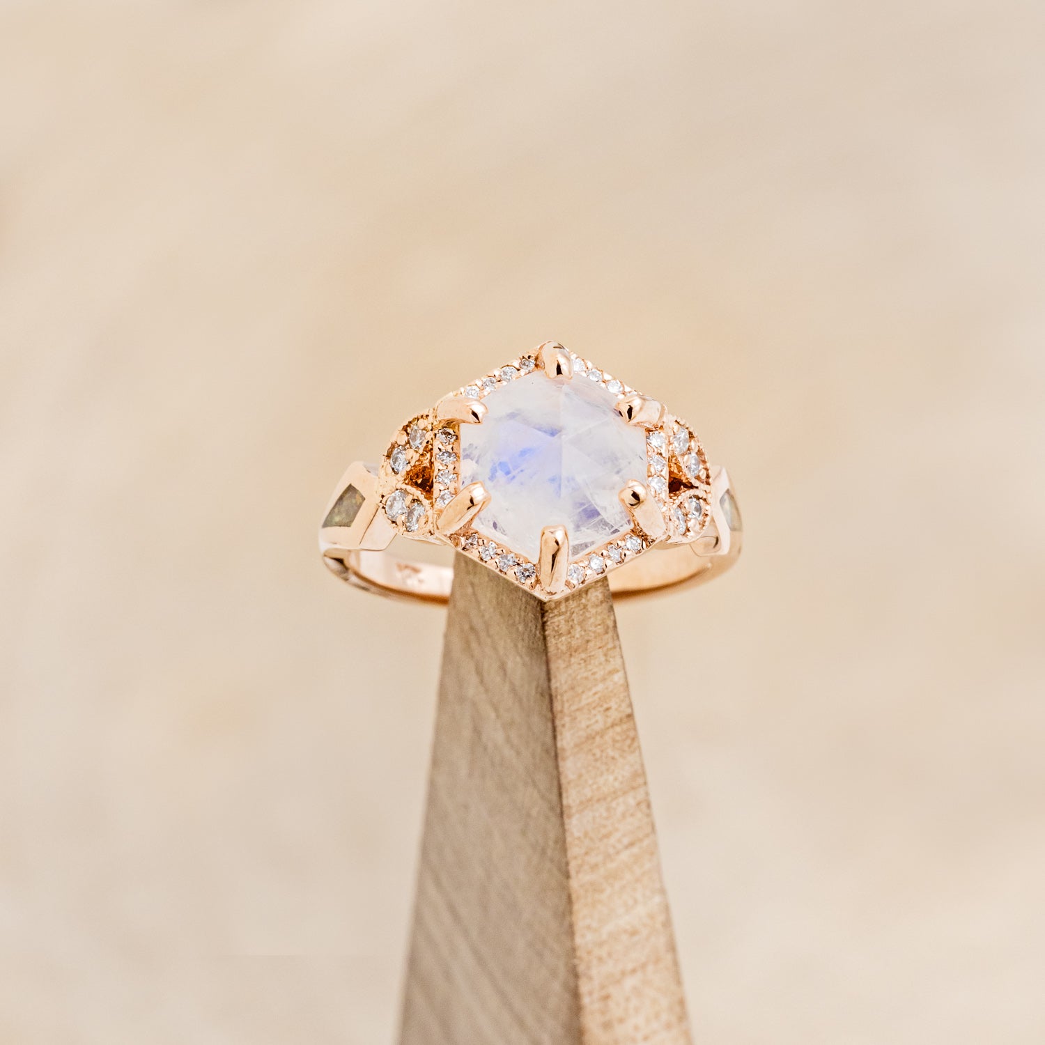 "LUCY IN THE SKY" - FACETED HEXAGON MOONSTONE ENGAGEMENT RING WITH DIAMOND HALO & FIRE AND ICE OPAL INLAYS-7