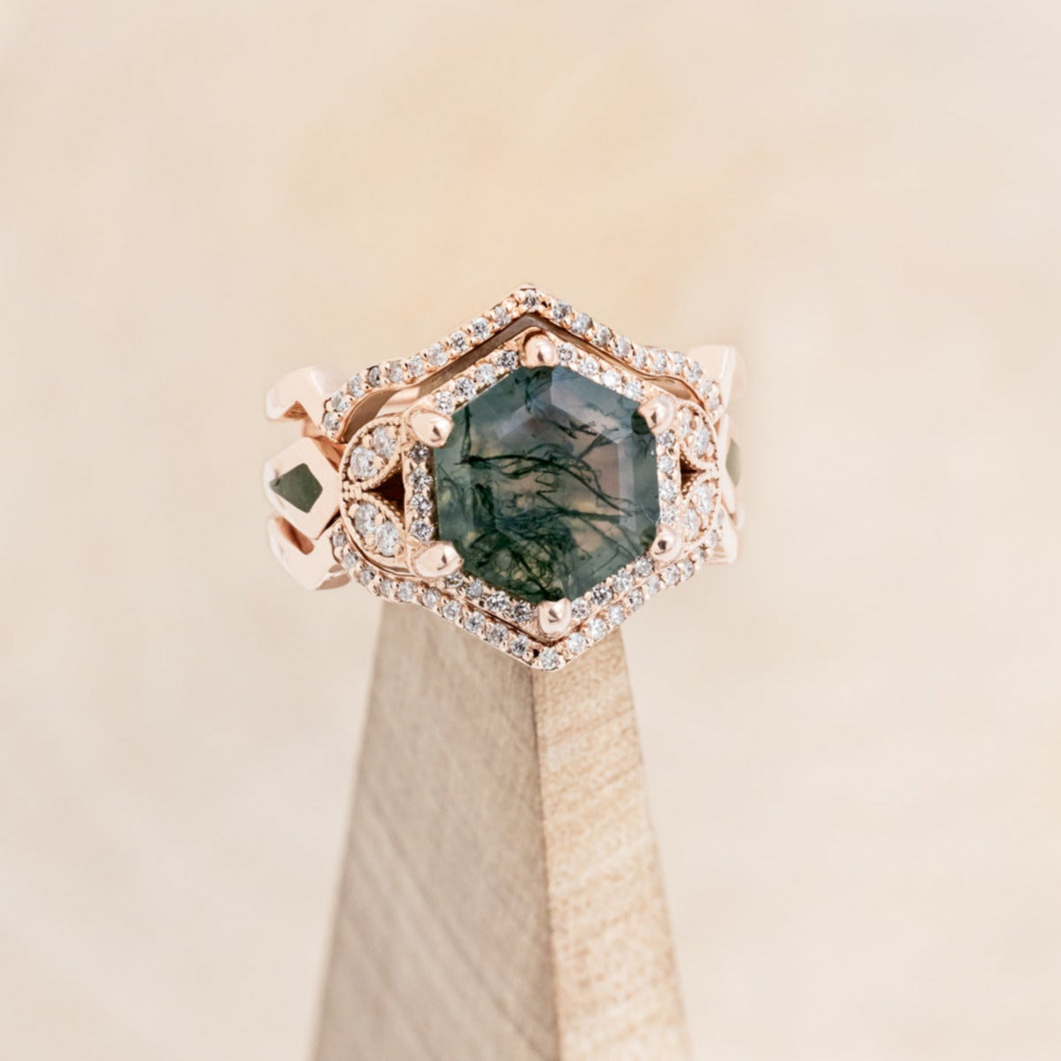 "LUCY IN THE SKY" - HEXAGON MOSS AGATE ENGAGEMENT RING WITH DIAMOND HALO, MOSS INLAYS & DIAMOND RING GUARD-19