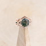 "LUCY IN THE SKY" - HEXAGON MOSS AGATE ENGAGEMENT RING WITH DIAMOND HALO, MOSS INLAYS & DIAMOND RING GUARD-19