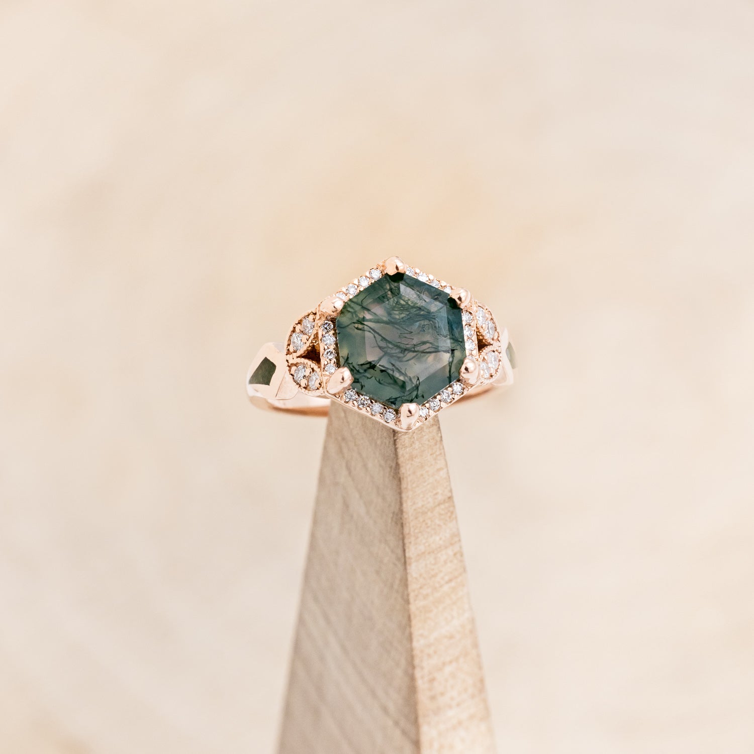 "LUCY IN THE SKY" - HEXAGON MOSS AGATE ENGAGEMENT RING WITH DIAMOND HALO, MOSS INLAYS & DIAMOND RING GUARD-26