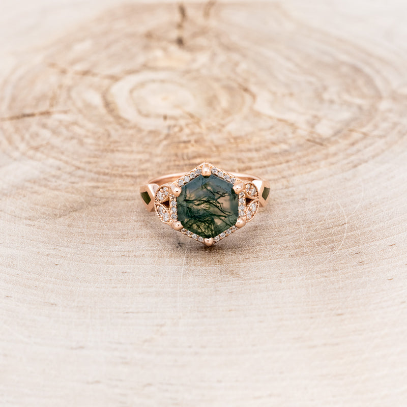 "LUCY IN THE SKY" - HEXAGON MOSS AGATE ENGAGEMENT RING WITH DIAMOND HALO, MOSS INLAYS & DIAMOND RING GUARD