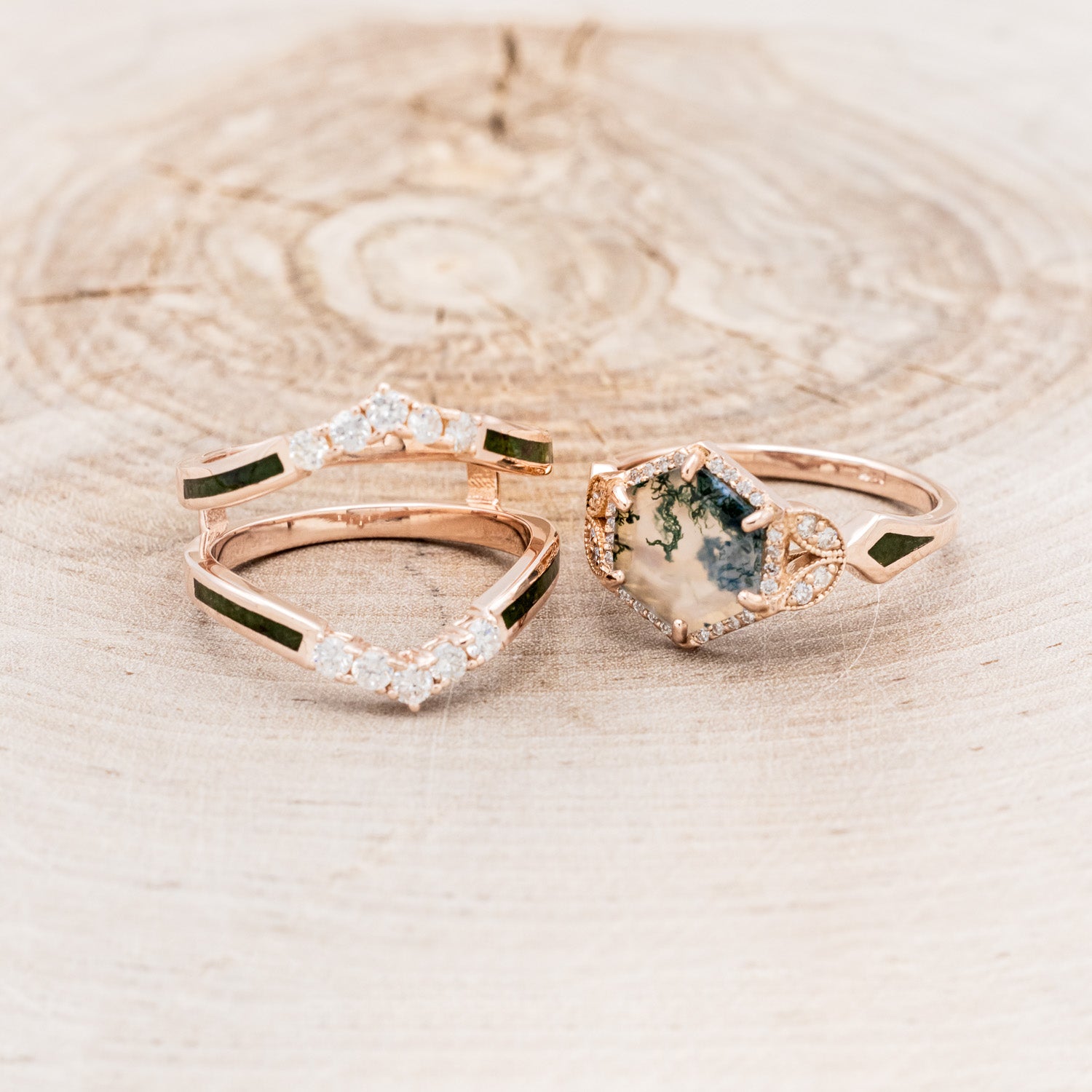"LUCY IN THE SKY" - HEXAGON MOSS AGATE ENGAGEMENT RING WITH DIAMOND HALO, MOSS INLAYS & THE "RAYA" RING GUARD-5