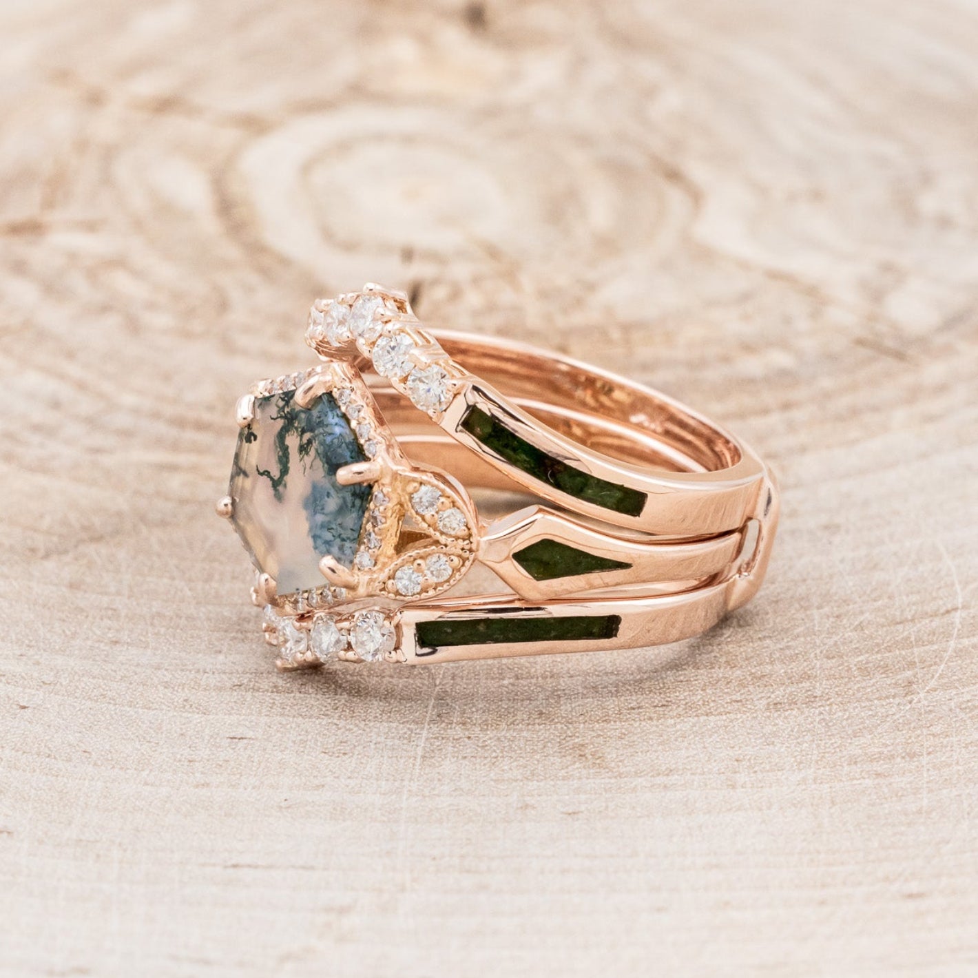 "LUCY IN THE SKY" - HEXAGON MOSS AGATE ENGAGEMENT RING WITH DIAMOND HALO, MOSS INLAYS & THE "RAYA" RING GUARD-3