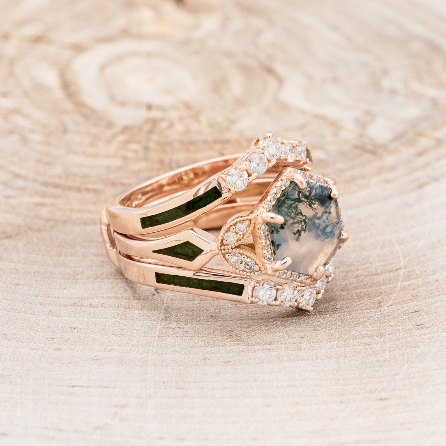 "LUCY IN THE SKY" - HEXAGON MOSS AGATE ENGAGEMENT RING WITH DIAMOND HALO, MOSS INLAYS & THE "RAYA" RING GUARD-2