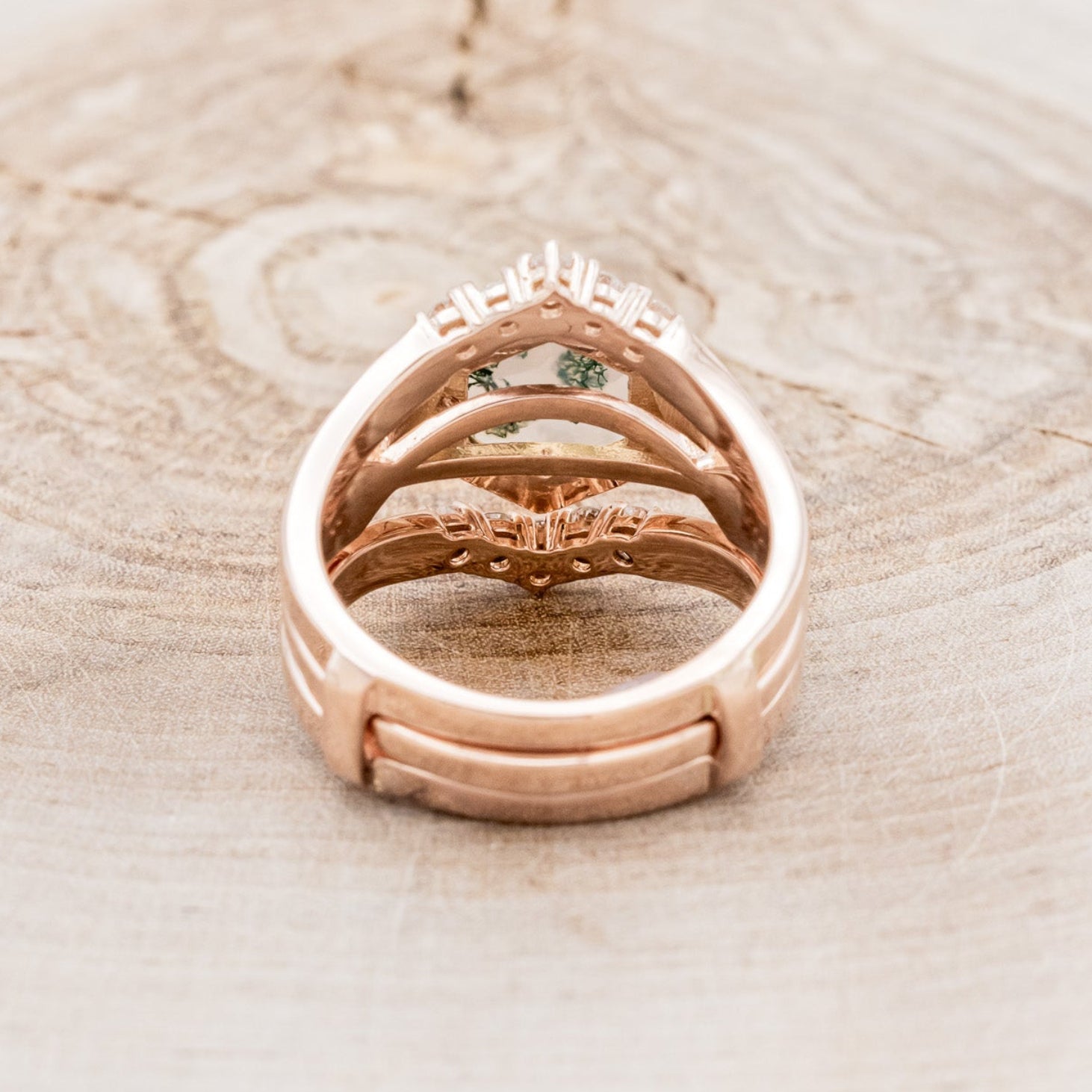 "LUCY IN THE SKY" - HEXAGON MOSS AGATE ENGAGEMENT RING WITH DIAMOND HALO, MOSS INLAYS & THE "RAYA" RING GUARD-6