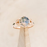 "LUCY IN THE SKY" - HEXAGON MOSS AGATE ENGAGEMENT RING WITH DIAMOND HALO, MOSS INLAYS & THE "RAYA" RING GUARD