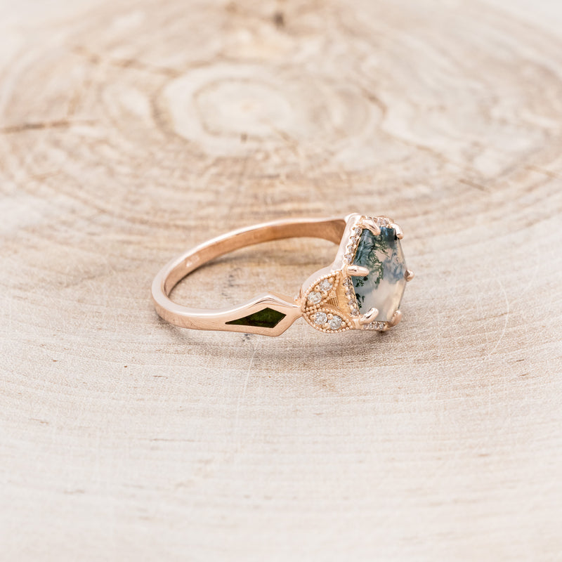 "LUCY IN THE SKY" - HEXAGON MOSS AGATE ENGAGEMENT RING WITH DIAMOND HALO, MOSS INLAYS & THE "RAYA" RING GUARD