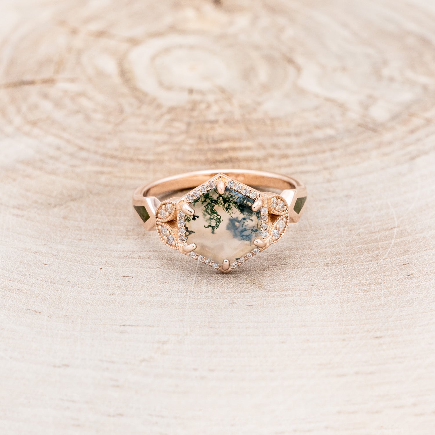 "LUCY IN THE SKY" - HEXAGON MOSS AGATE ENGAGEMENT RING WITH DIAMOND HALO, MOSS INLAYS & THE "RAYA" RING GUARD-10