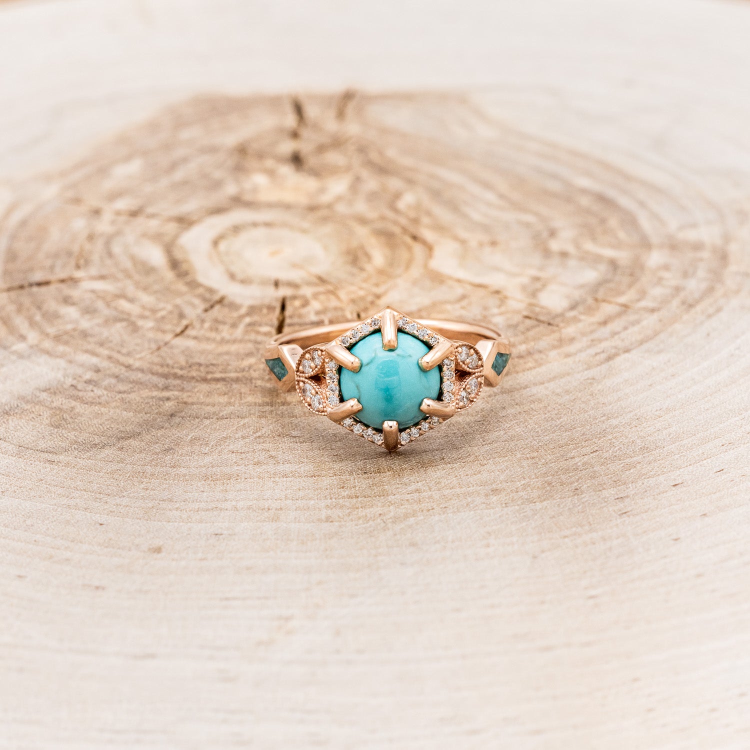 "LUCY IN THE SKY" - ROUND CABOCHON CUT TURQUOISE ENGAGEMENT RING WITH DIAMOND ACCENTS & TURQUOISE INLAY-Staghead Designs